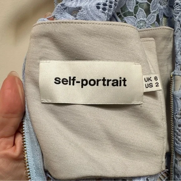 Self portrait periwinkle blue lace cutout dress with grey lining size 2 - Picture 9 of 14